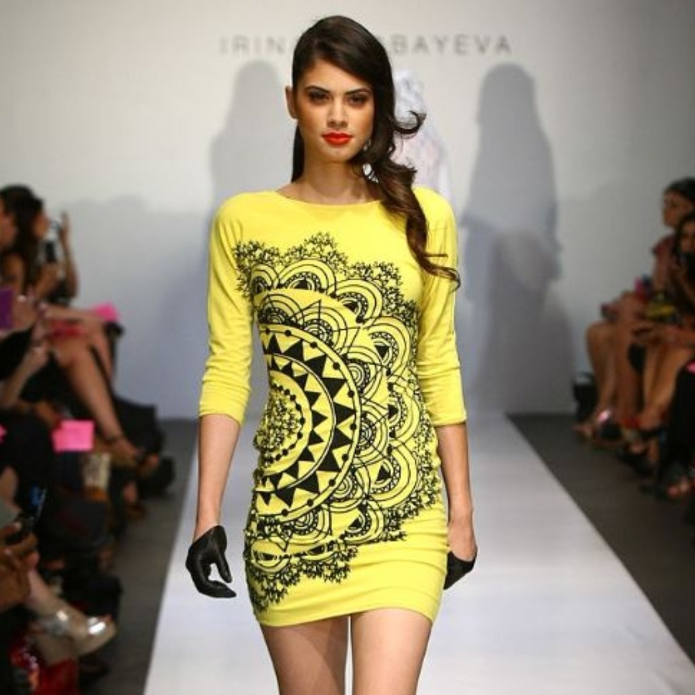 Yellow Printed Midi Dress with Black Mandala Design